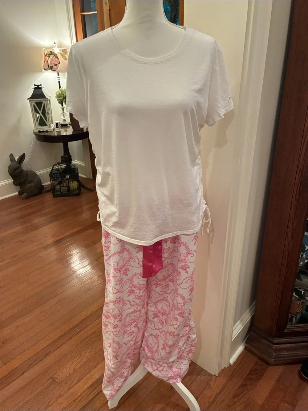 PINK Victoria's Secret White Short-Sleeve Top with Pink Printed Pajama Pants